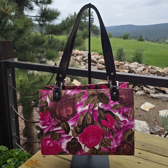 Kate Spade Sam Winter Floral Pink Rose Brown Fabric Satchel Shoulder Bag - Picture 3 of 16